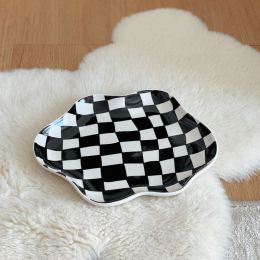 Chessboard Lattice Ceramic Plate Storage Tray Decoration Dessert Plate (Color: Black)