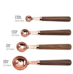 Kitchen Accessories 4Pcs/Set Measuring Cups Spoons Stainless Steel Plated Copper Wooden Handle Cooking Baking Tools (Set Quantity: 4-PC, Color: Rose Gold)